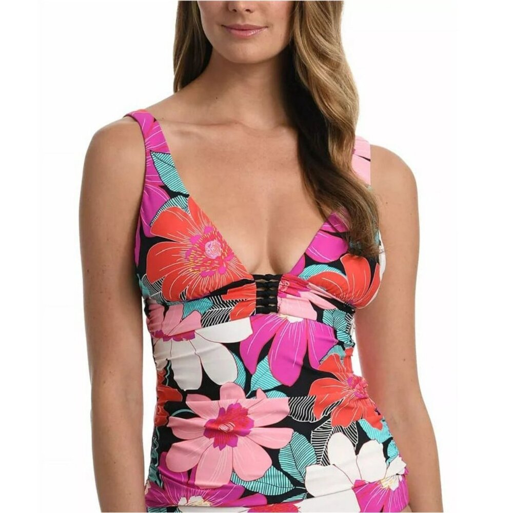 La Blanca Floral Tankini Top Multicolor 14 Adjustable Swimwear Vacation NWT